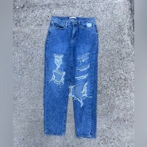 SO WOMENS JUNIORS 5 BLUE DISTRESSED DENIM HIGH RISE MOM JEANS